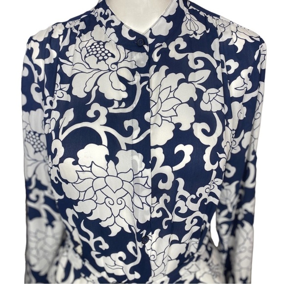 Banana Republic Navy Blue White Floral Tie Waist Dress Long Sleeve size 2 - Picture 3 of 12